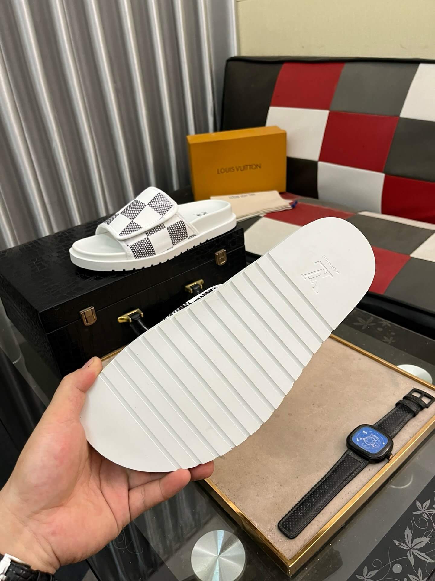 Black Checkered Design Slippers