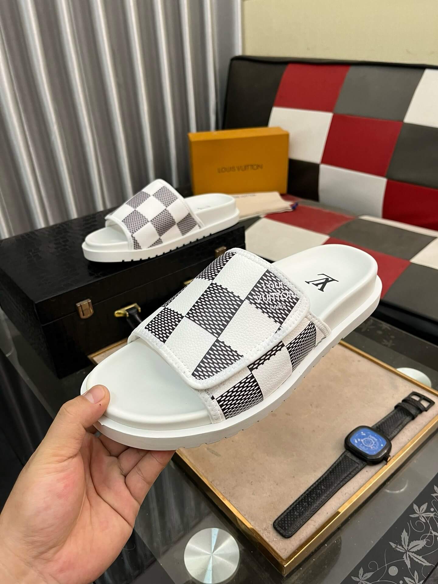 Black Checkered Design Slippers