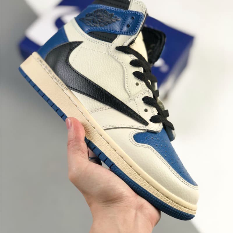 Blue and white mid-top sneakers