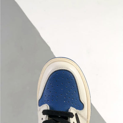 Blue and white mid-top sneakers