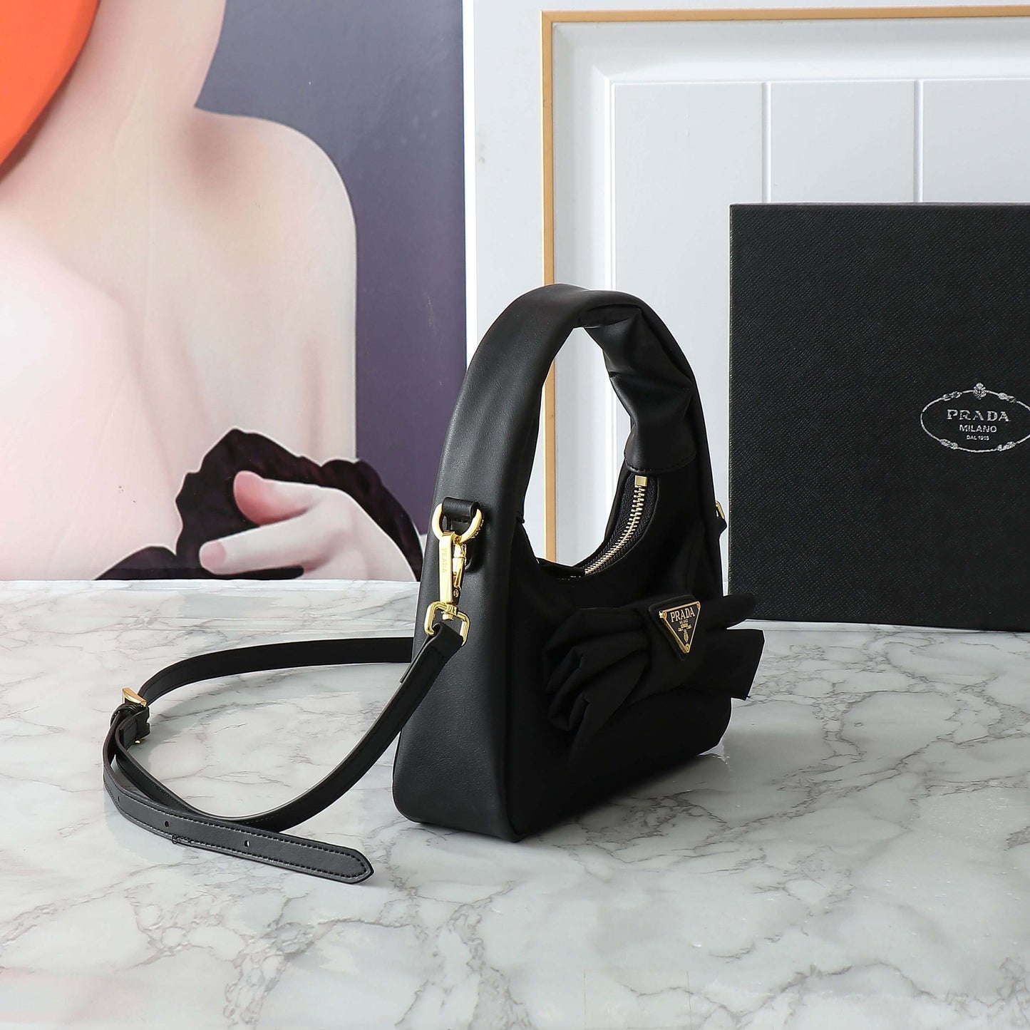 Nylon Paneled Leather Bow Armpit Shoulder Bag