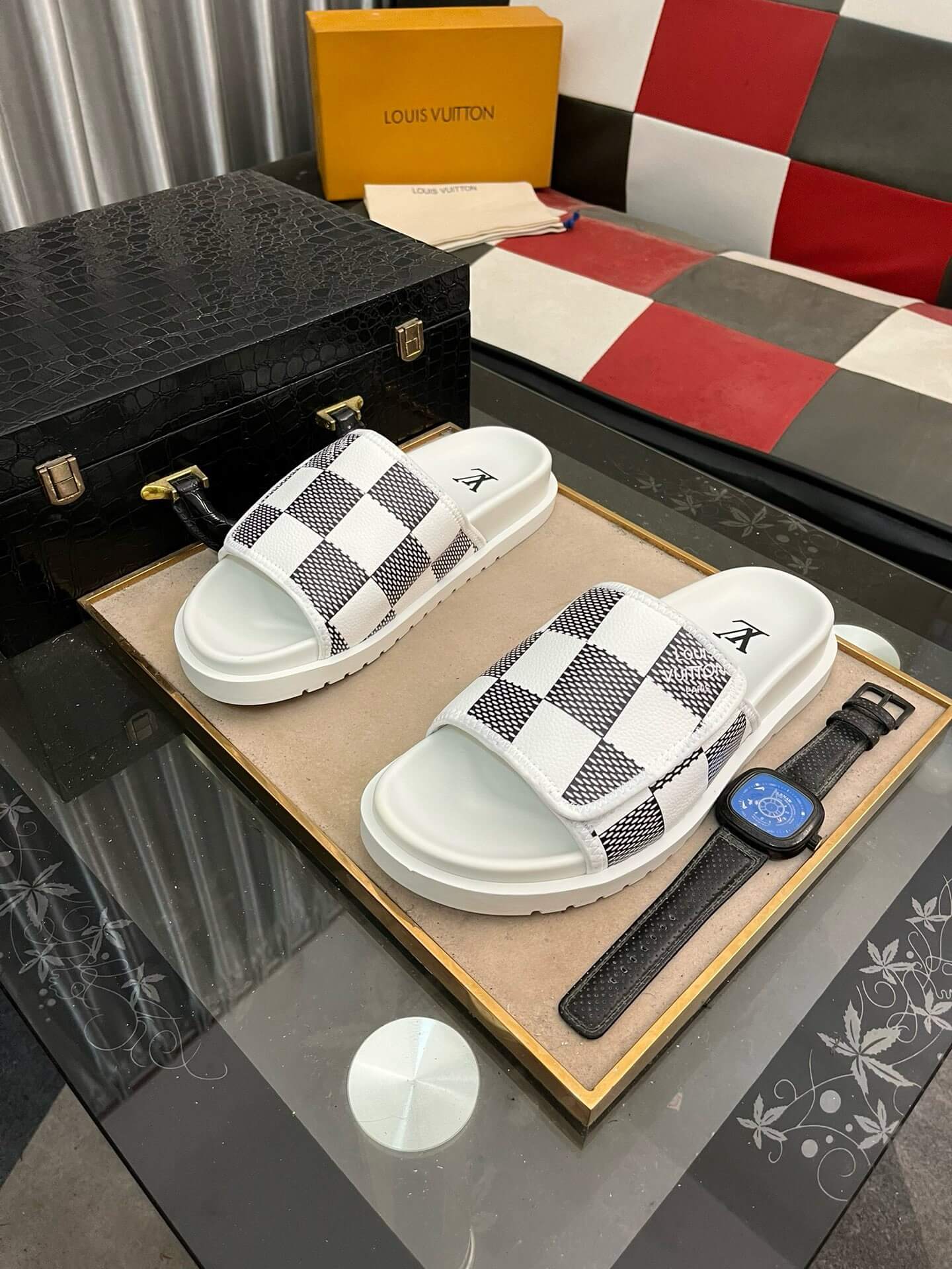 Black Checkered Design Slippers