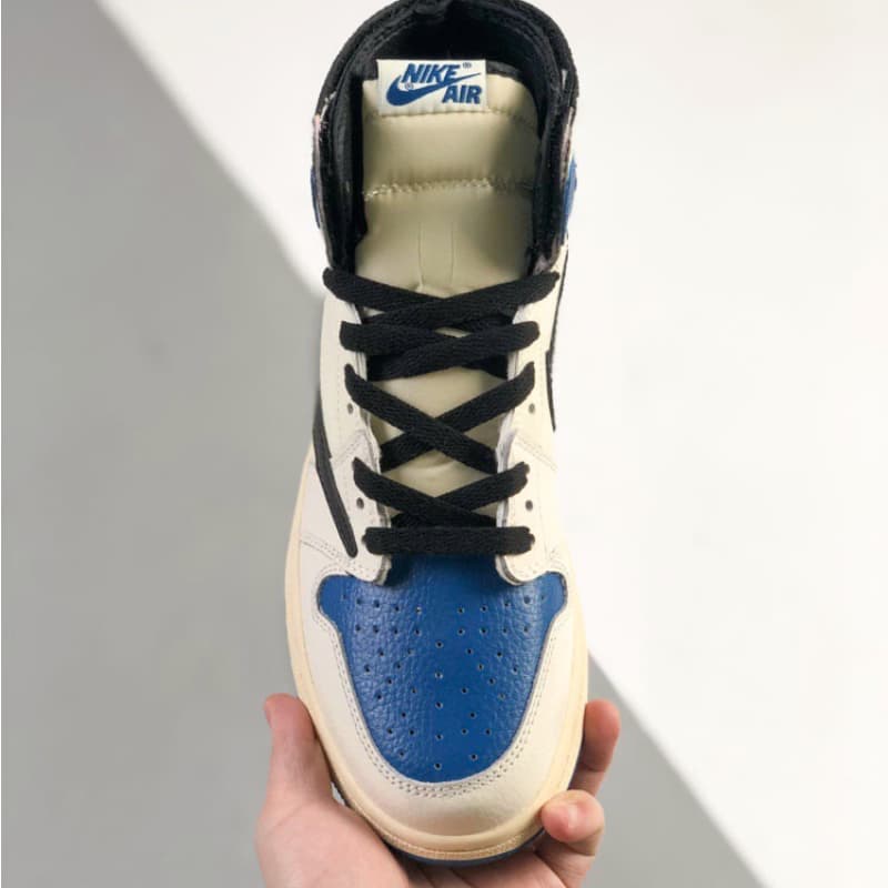 Blue and white mid-top sneakers