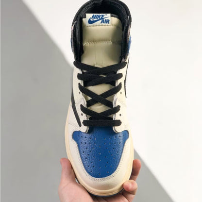 Blue and white mid-top sneakers