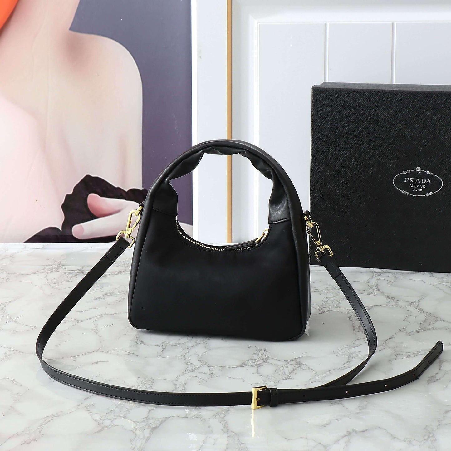 Nylon Paneled Leather Bow Armpit Shoulder Bag