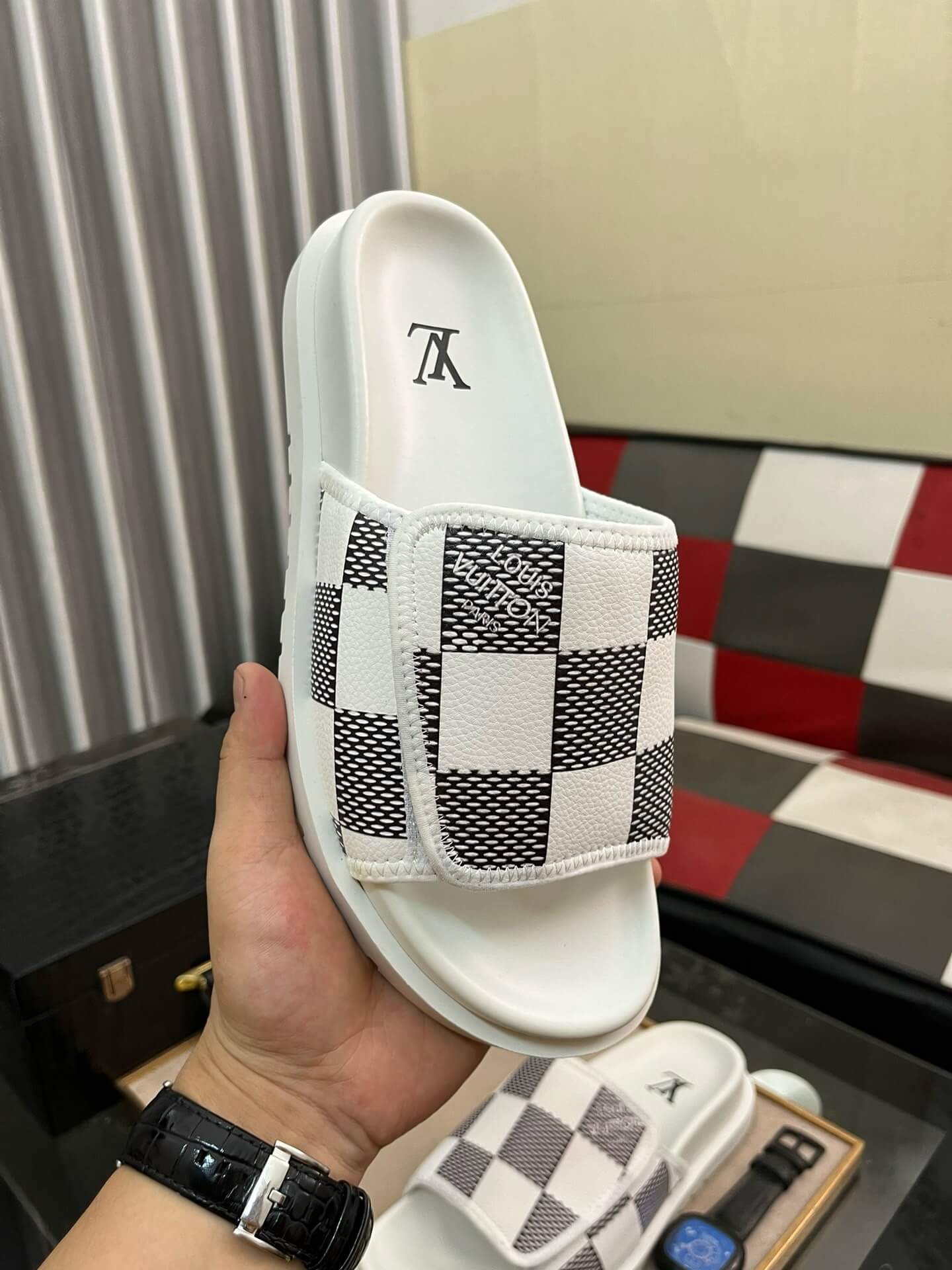 Black Checkered Design Slippers