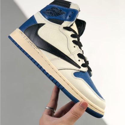 Blue and white mid-top sneakers