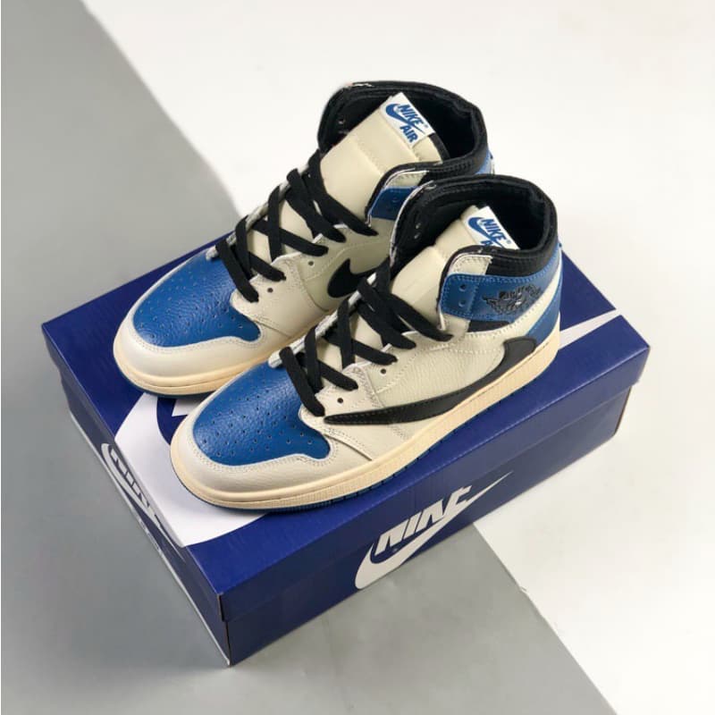 Blue and white mid-top sneakers