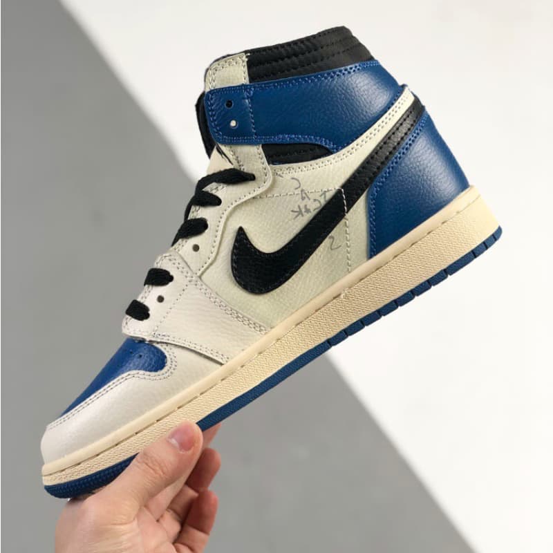 Blue and white mid-top sneakers
