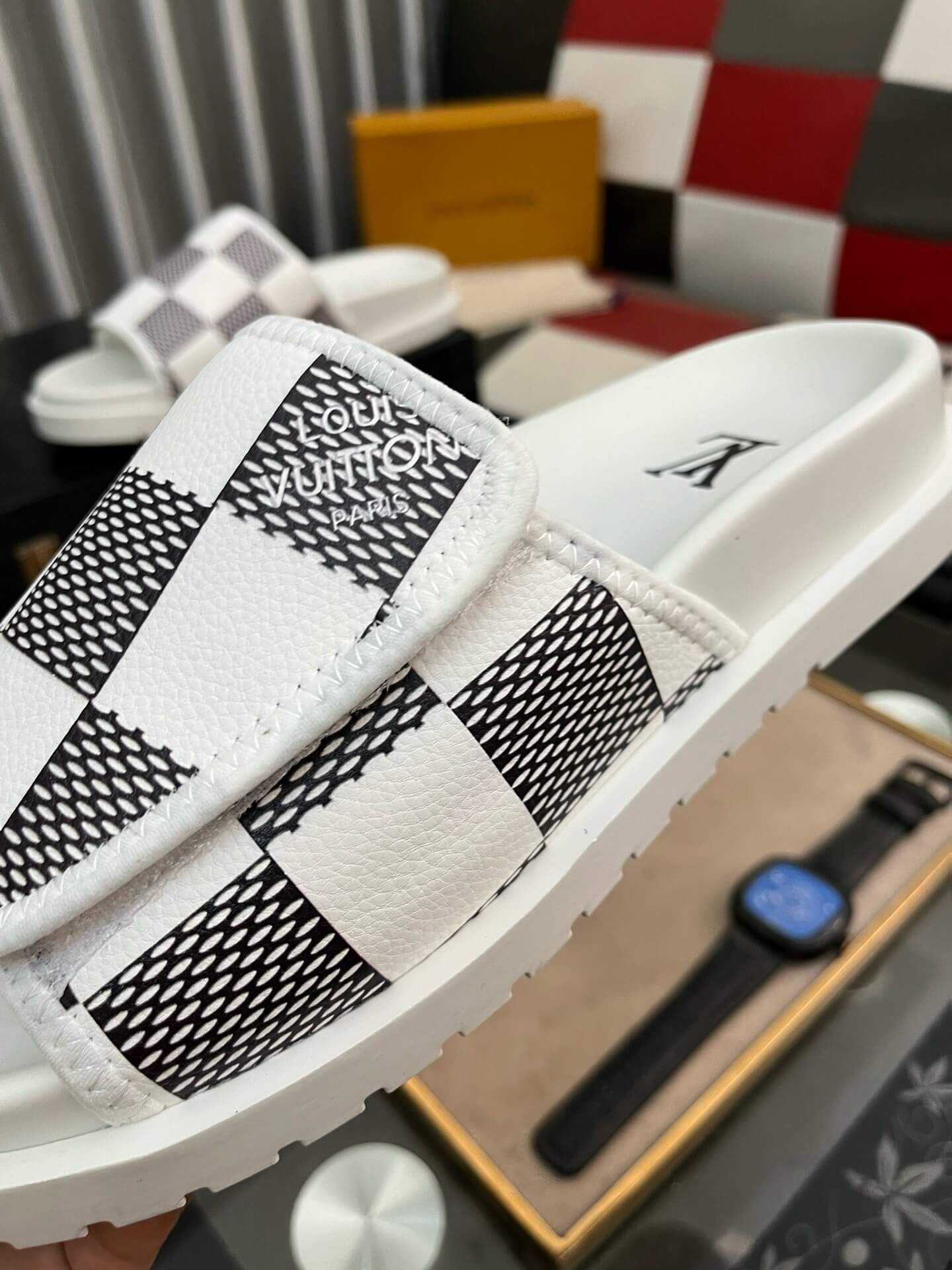 Black Checkered Design Slippers