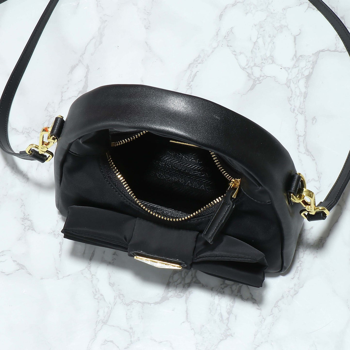 Nylon Paneled Leather Bow Armpit Shoulder Bag