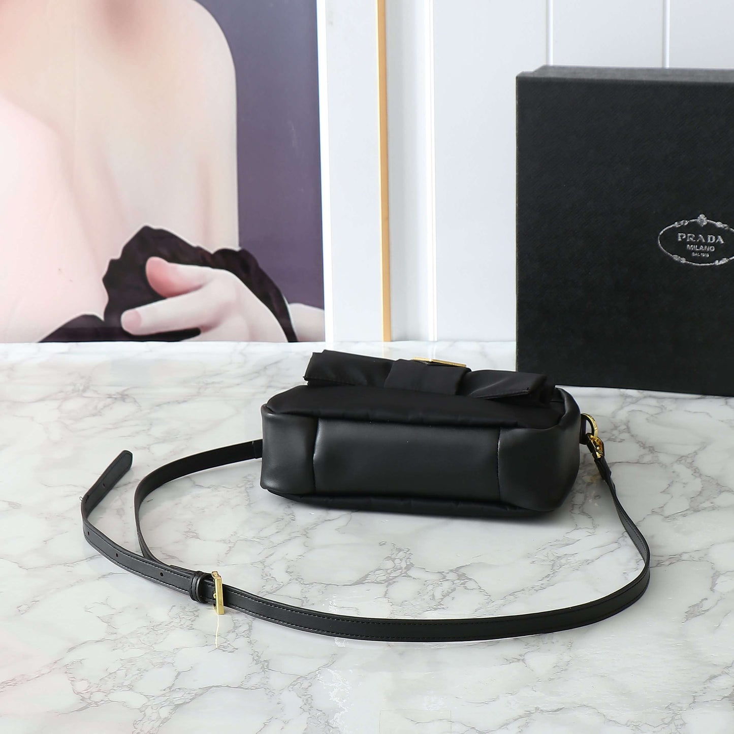 Nylon Paneled Leather Bow Armpit Shoulder Bag